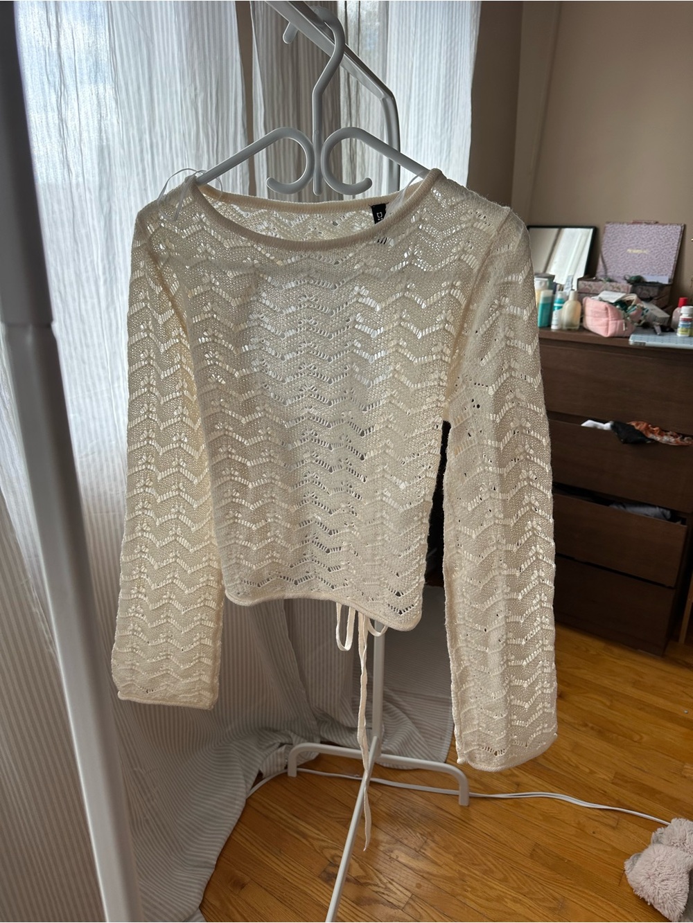 H&M Cream Crochet Knit Long-Sleeve Drawstring Top